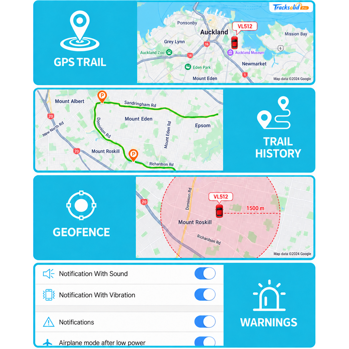VL512 TracksolidPro features: GPS trail, trail history, geofence and warnings - Pagerme