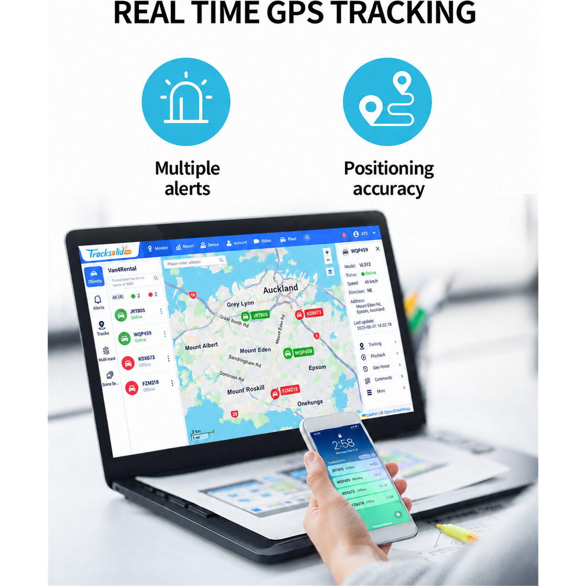 TracksolidPro real-time GPS fleet tracking on laptop and mobile for VL512 - Pagerme