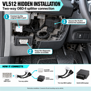 VL512 hidden installation behind dashboard with 2-way OBD II Y-splitter cable - Pagerme
