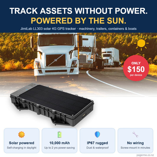 JimiLab LL303 solar powered 4G GPS asset tracker NZ – track machinery, trailers, containers and boats without power, $150 - Pagerme