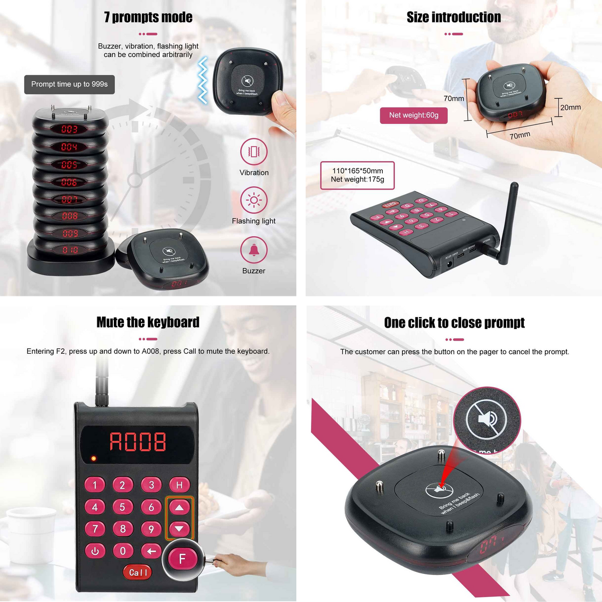 WPS161 Wireless Coaster Pager System Guest Buzzers with 500m Range