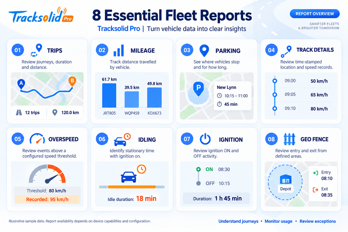 TracksolidPro 8 essential fleet reports: trips, mileage, parking, overspeed, idling, ignition, geo-fence - Pagerme