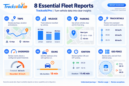 TracksolidPro 8 essential fleet reports: trips, mileage, parking, overspeed, idling, ignition, geo-fence - Pagerme