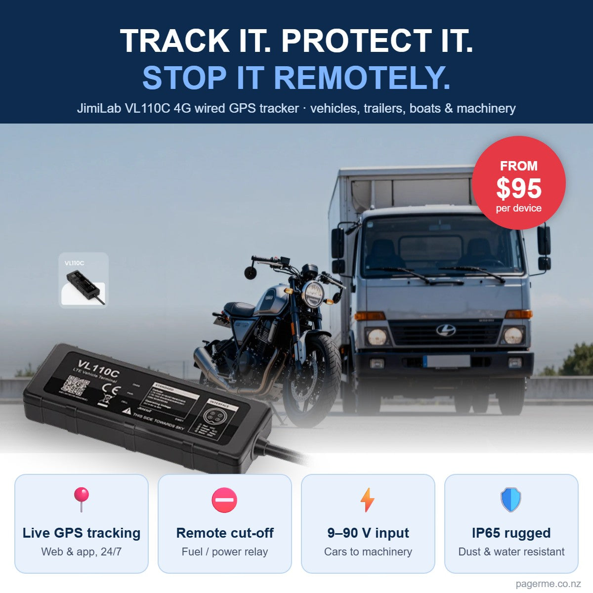 JimiLab VL110C 4G wired GPS tracker NZ – live tracking and remote fuel/power cut-off for trucks, cars, motorcycles and trailers from $95 - Pagerme