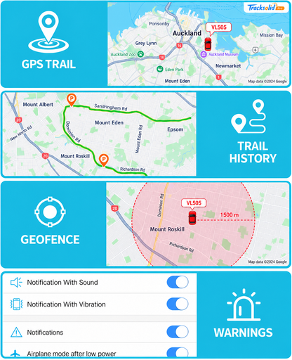 VL505 TracksolidPro features: GPS trail, trail history, geofence and warnings - Pagerme