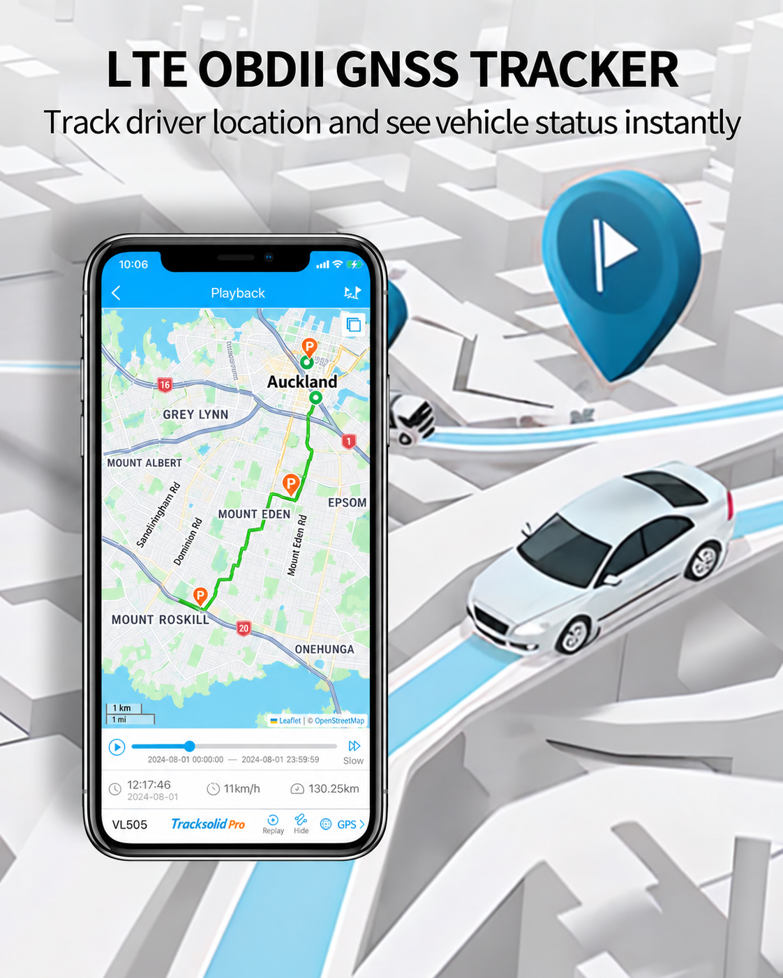 TracksolidPro app route playback for VL505 LTE OBD II GNSS tracker in Auckland - Pagerme