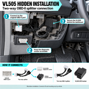 VL505 hidden installation behind dashboard with 2-way OBD II Y-splitter cable - Pagerme