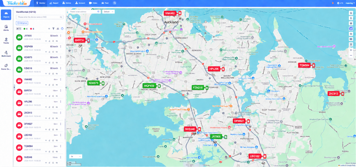 TracksolidPro fleet management dashboard tracking rental vans live across Auckland - Pagerme