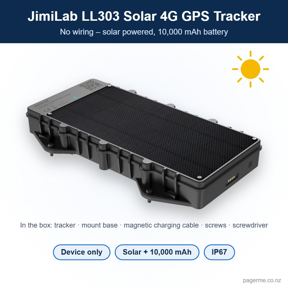 JimiLab LL303 solar 4G GPS tracker – device only with mount base, magnetic charging cable and screws - Pagerme