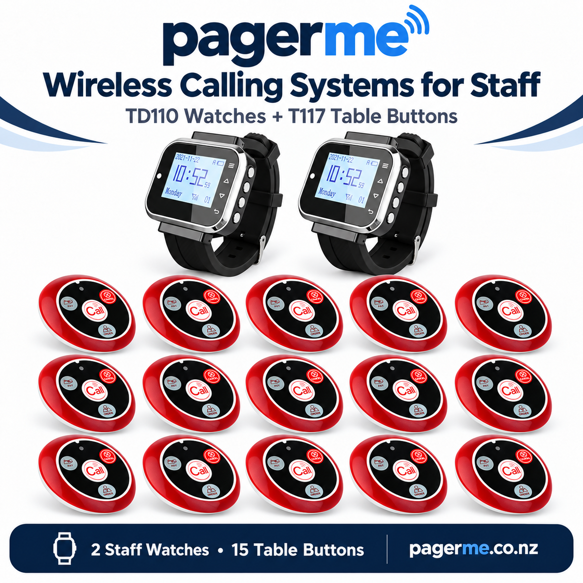 Two TD110 staff watches and fifteen T117 table buttons