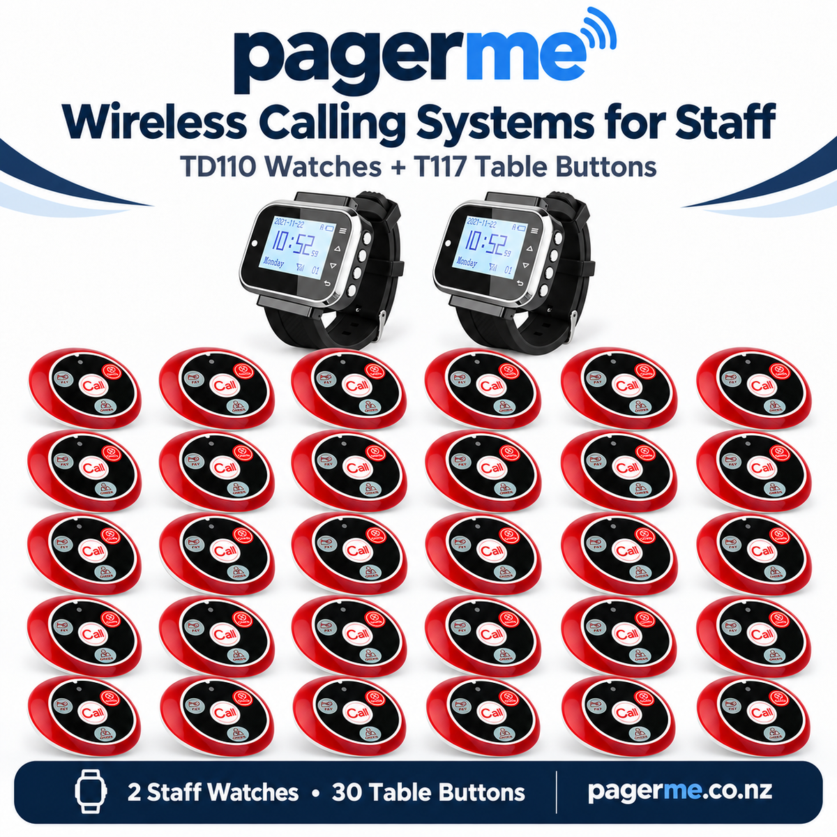 Two TD110 staff watches and 30 T117 table buttons