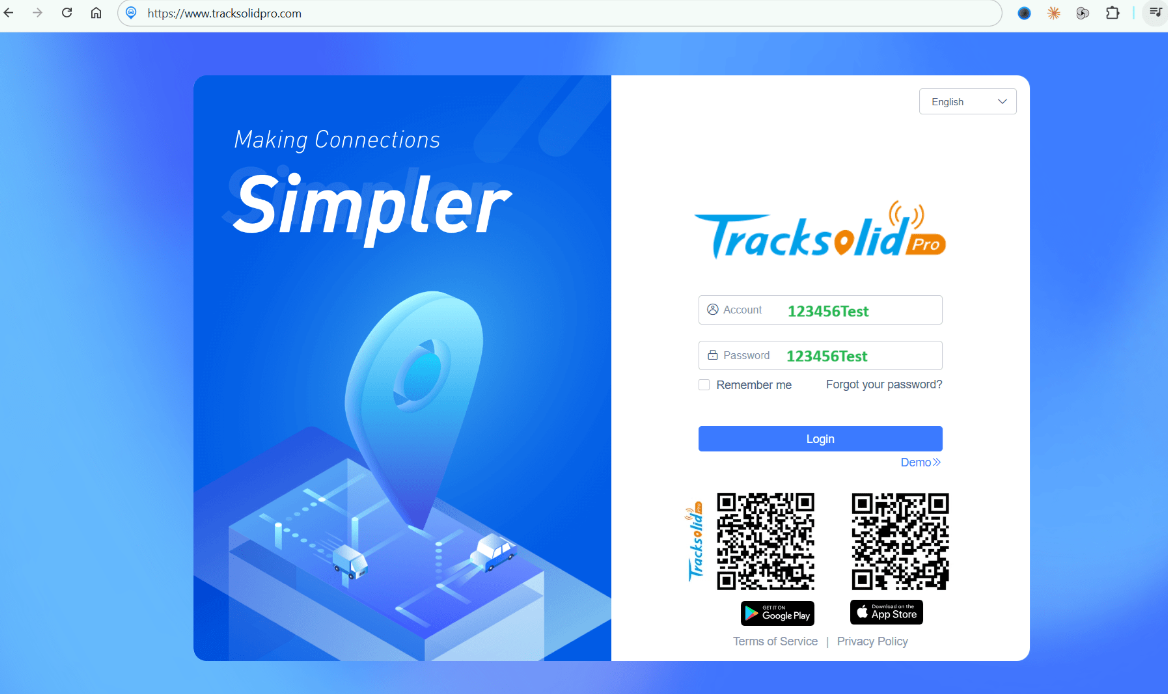 TracksolidPro login page at www.tracksolidpro.com with free demo account 123456Test - Pagerme