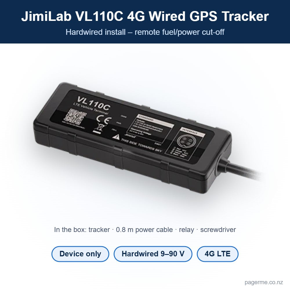 JimiLab VL110C 4G wired GPS tracker – device only, hardwired 9–90 V with relay - Pagerme